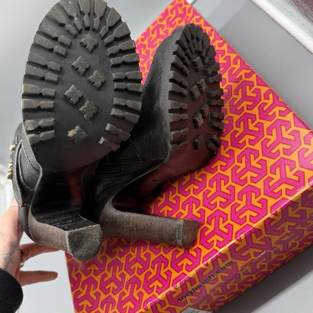 Tory Burch Landers Bootie Black Leather Studded Ankle Boots‎ Chunky Heel Size 7